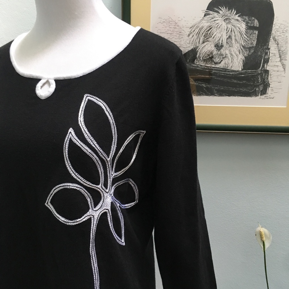 Villager Black Sweater w/ White Trim & Embroidery